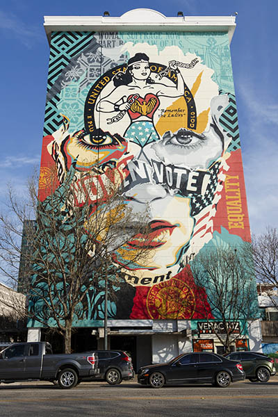 The Beauty of Liberty and Equality, a mural by Sandra Chevrier and Shepard Fairey, located in downtown Austin