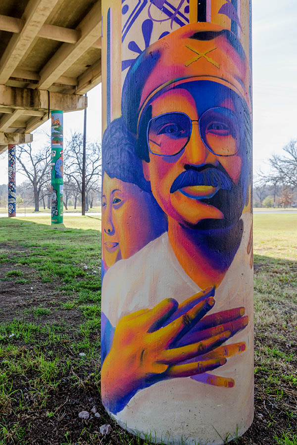 Mural of a young Gilbert Rivera, part of the Pillars Project in Rosewood Park in East Austin