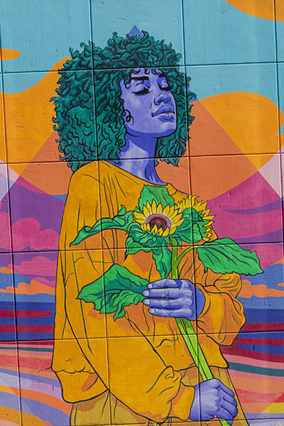 Close up of Austin artist Rex Hamilton's Be Well mural, located on South Lamar