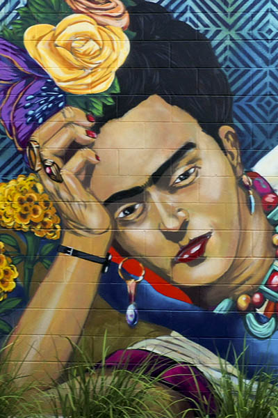 Close up of Viva la Vida, a mural of Frida Kahlo, painted by Austin muralist ULOANG